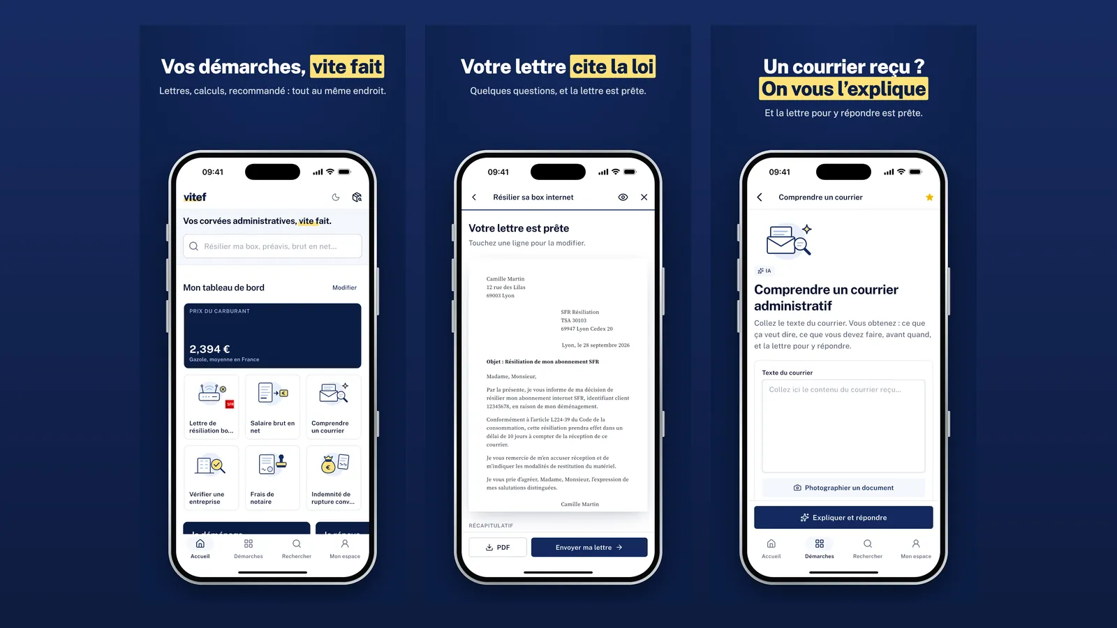 Trois écrans de l’app Vitef sur iPhone : accueil, lettre prête, courrier expliqué